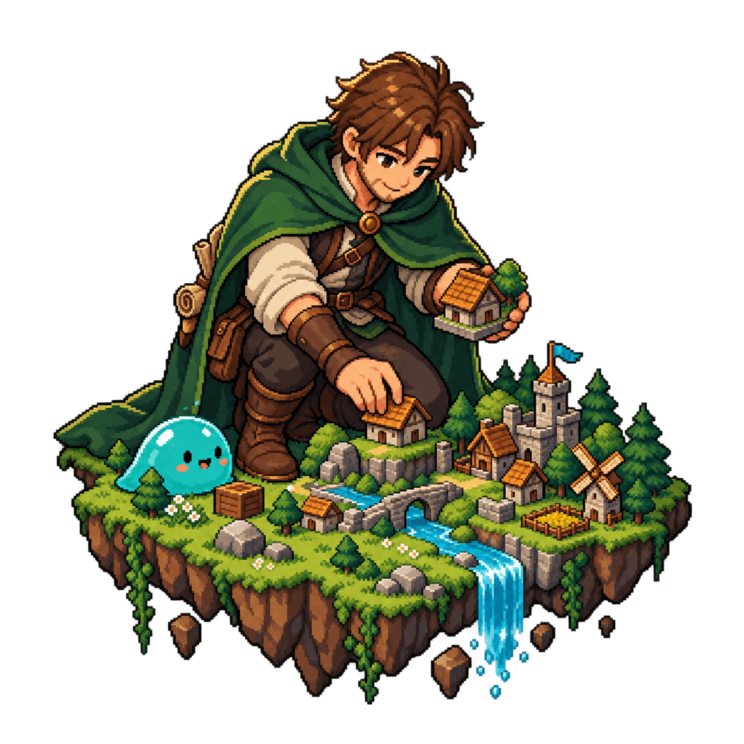 A pixel-art adventurer and turquoise slime building a miniature village on a floating island.