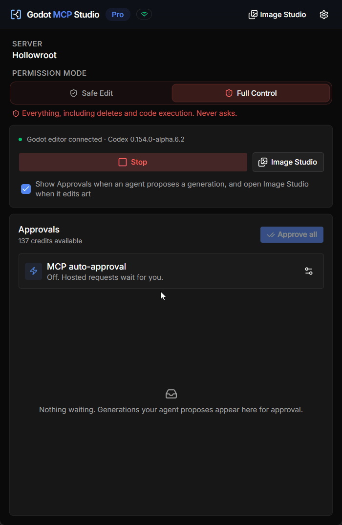 Desktop app connected to Hollowroot and Codex, with permissions and approvals, in dark mode.