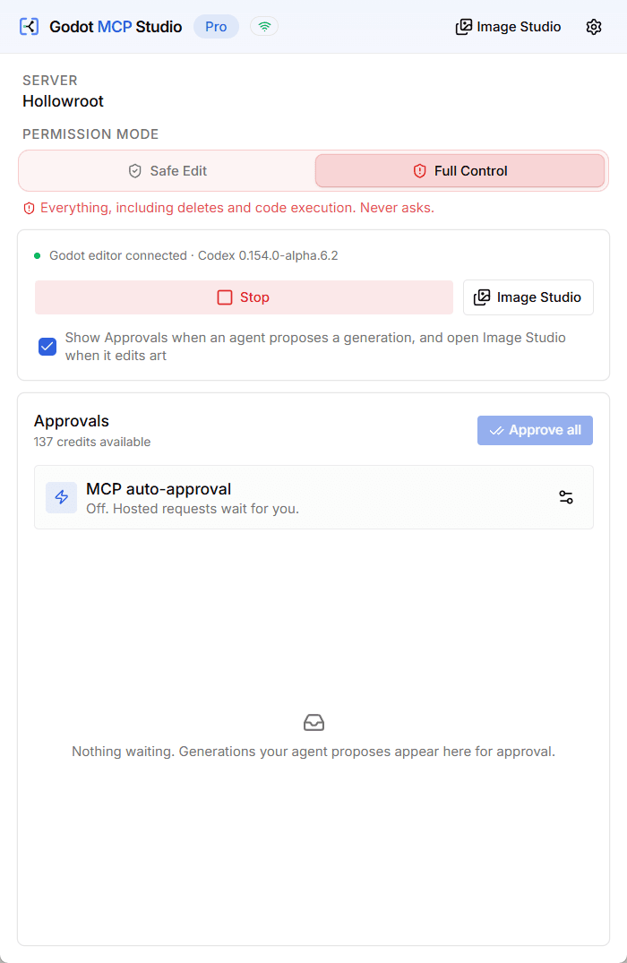 Desktop app connected to Hollowroot and Codex, with permissions and approvals, in light mode.