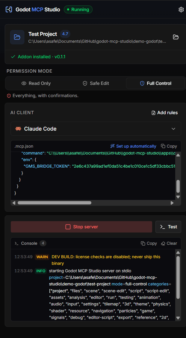 Godot MCP Studio in its dark theme with the local server running.