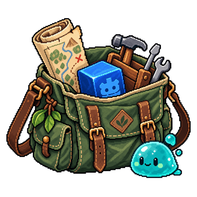 Pixel-art starter satchel with tools and a turquoise slime.