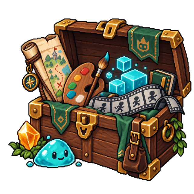 Pixel-art creator's chest with art tools, animation frames, and a turquoise slime.