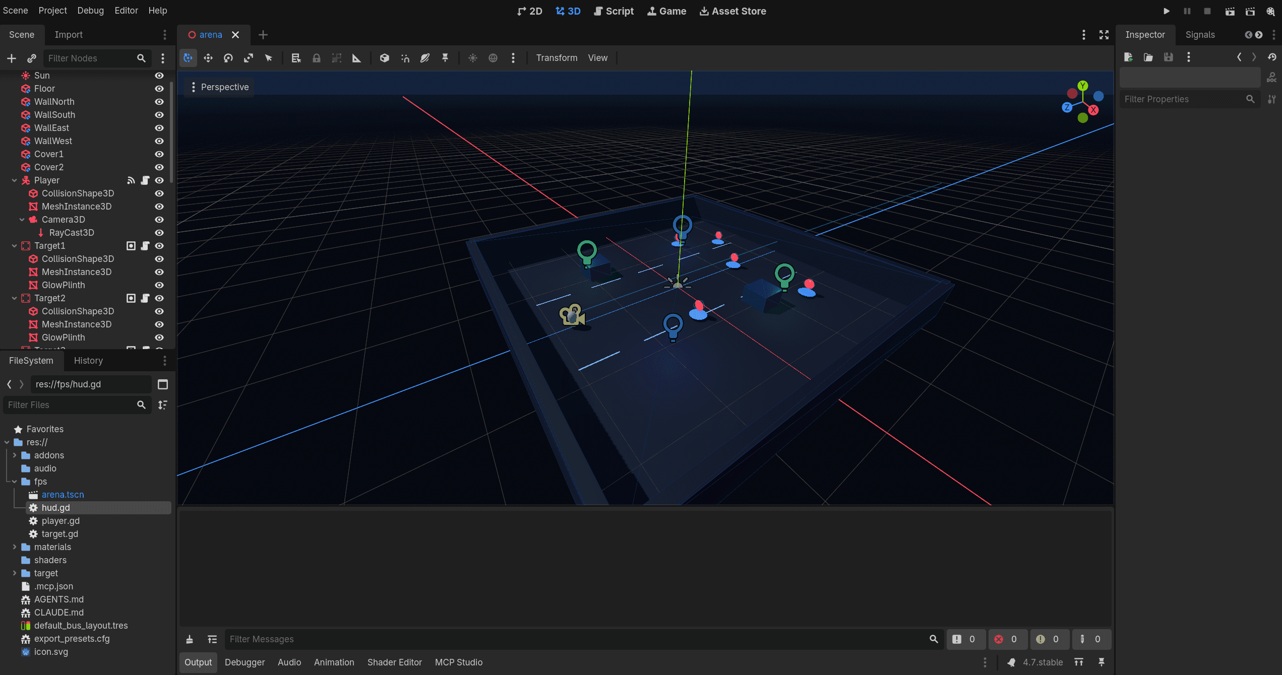 The Godot 3D editor showing the saved arena scene with lighting, materials, and targets.