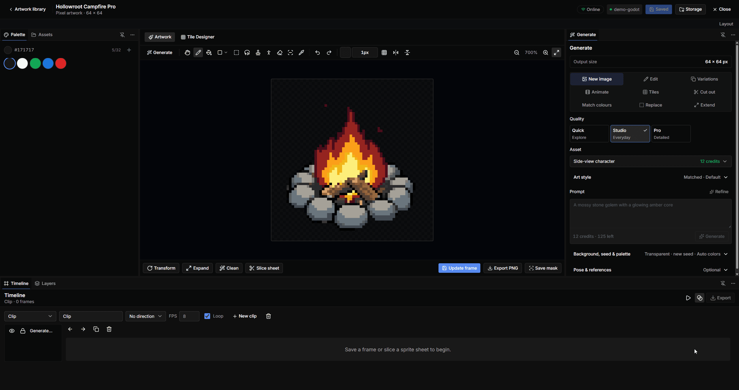 Hollowroot Campfire Pro pixel art in Image Studio with drawing and generation tools, dark theme.