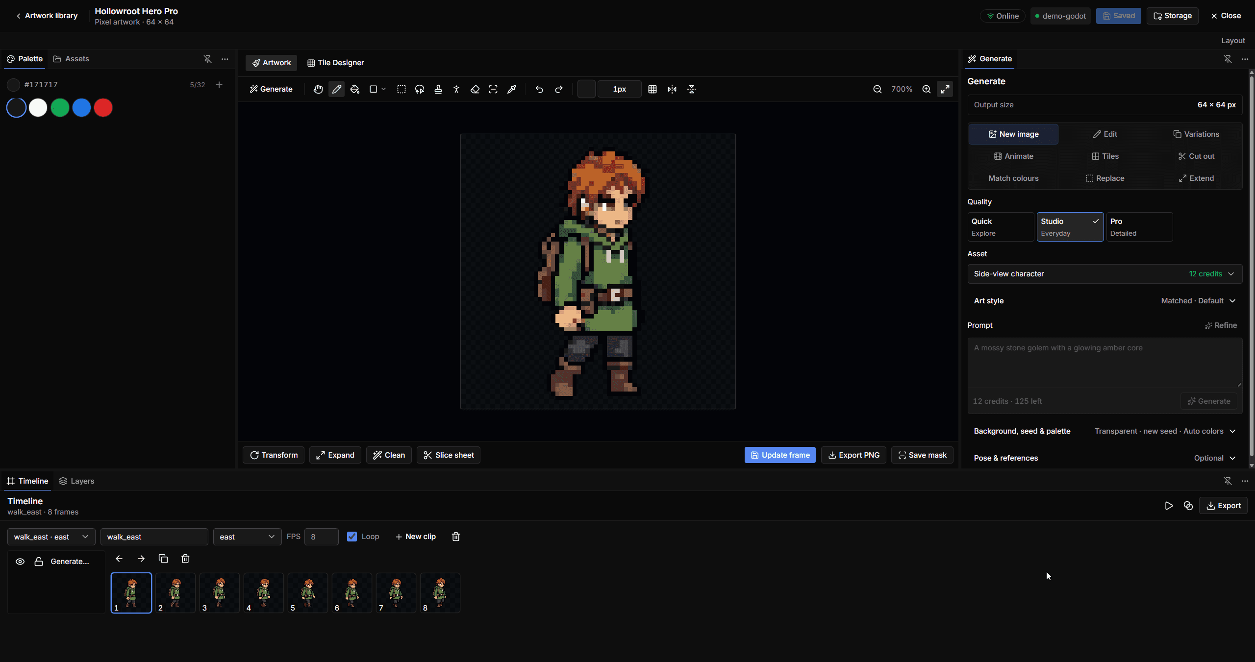Image Studio in dark mode with Hollowroot Hero Pro, quality choices, Tile Designer, and animation timeline.