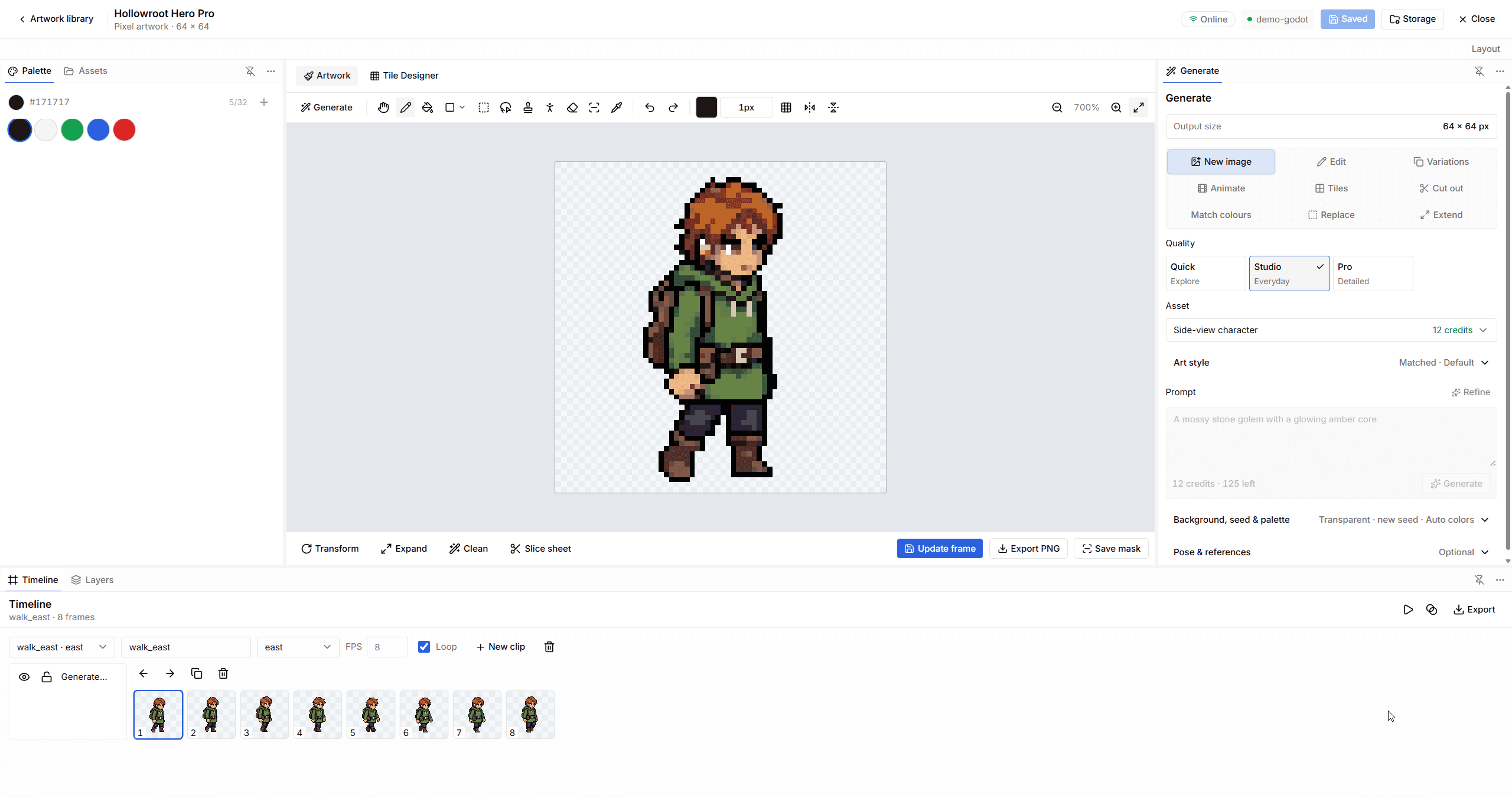 Image Studio in light mode with Hollowroot Hero Pro, quality choices, Tile Designer, and animation timeline.