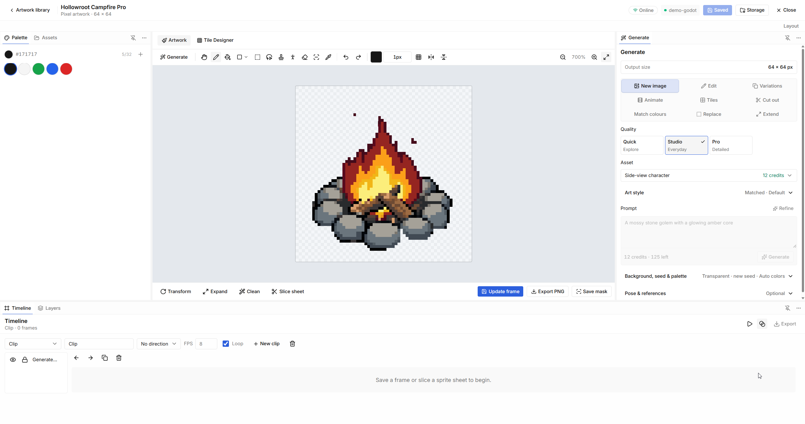 Image Studio showing a campfire, the drawing toolbar, and generation controls.