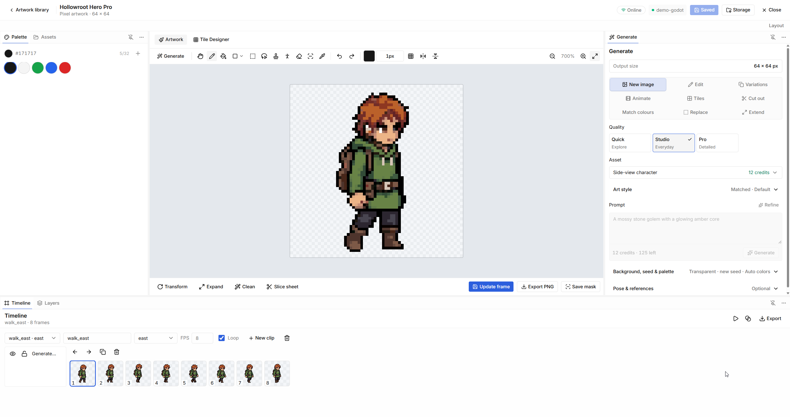 A pixel-art character in Image Studio with an eight-frame walking clip.