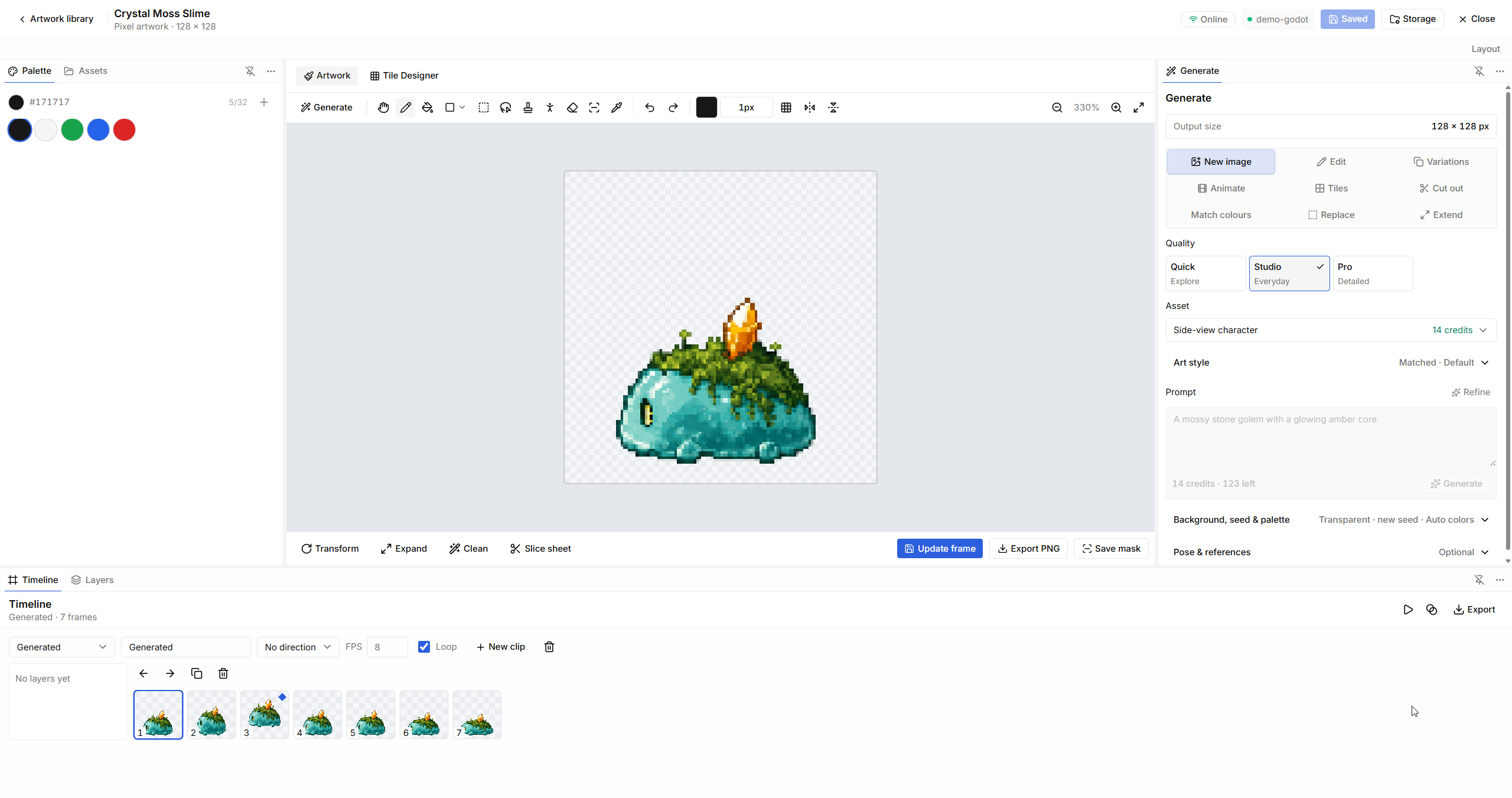 Image Studio showing a slime and seven frames in the timeline.