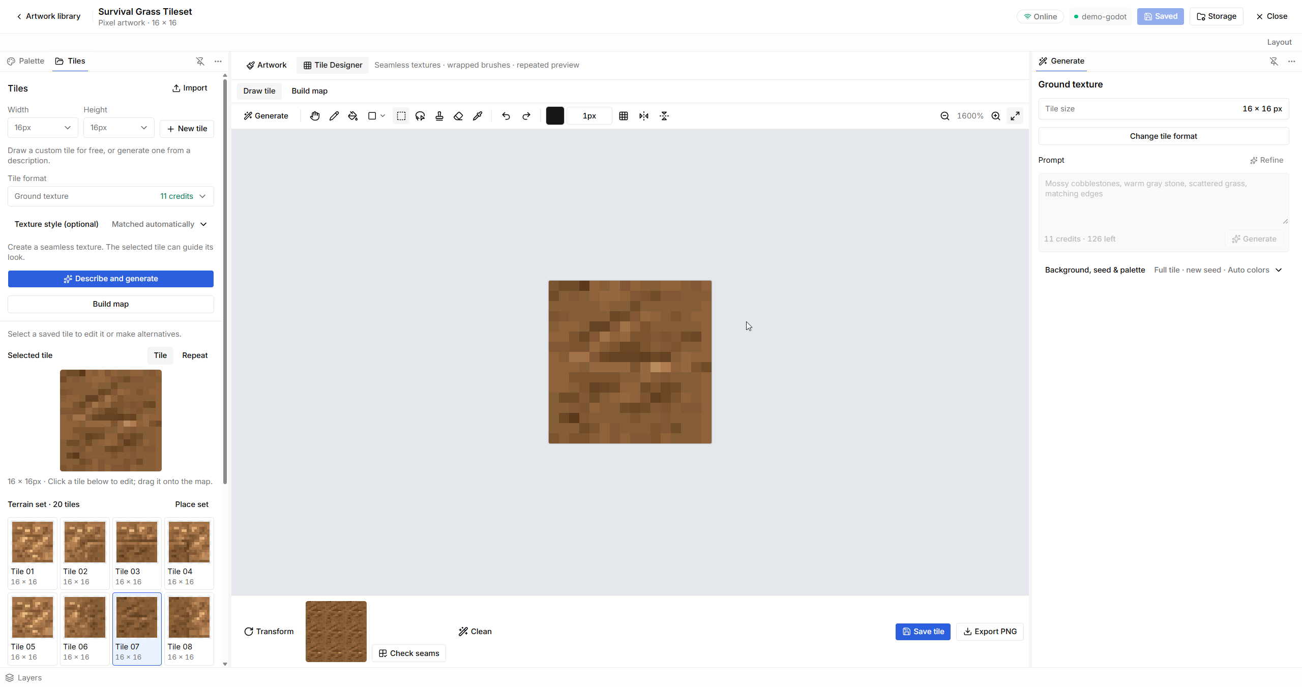 Tile Designer with a 16 by 16 ground tile and a terrain library.
